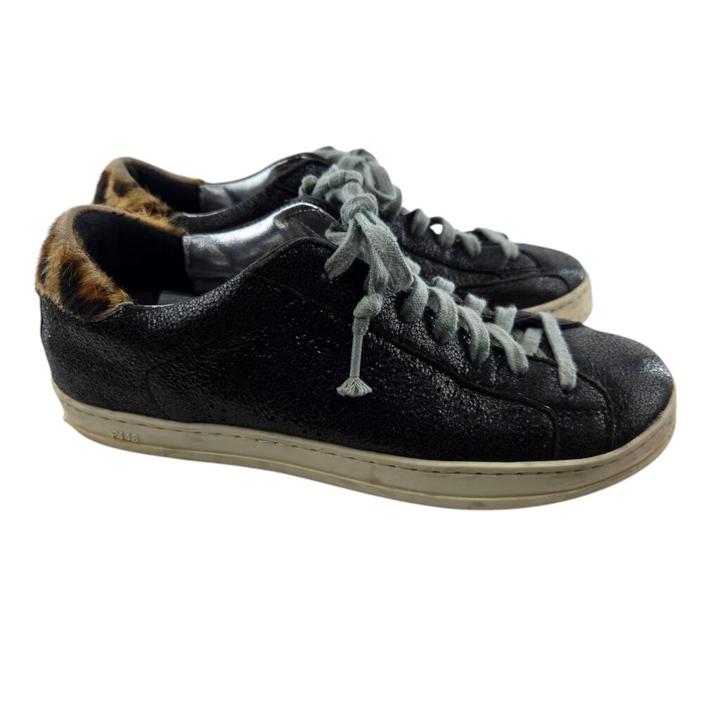 P448 Sneakers Womens 36 6 6.5 Textured Black Leather Animal Print Calf Hair Low
